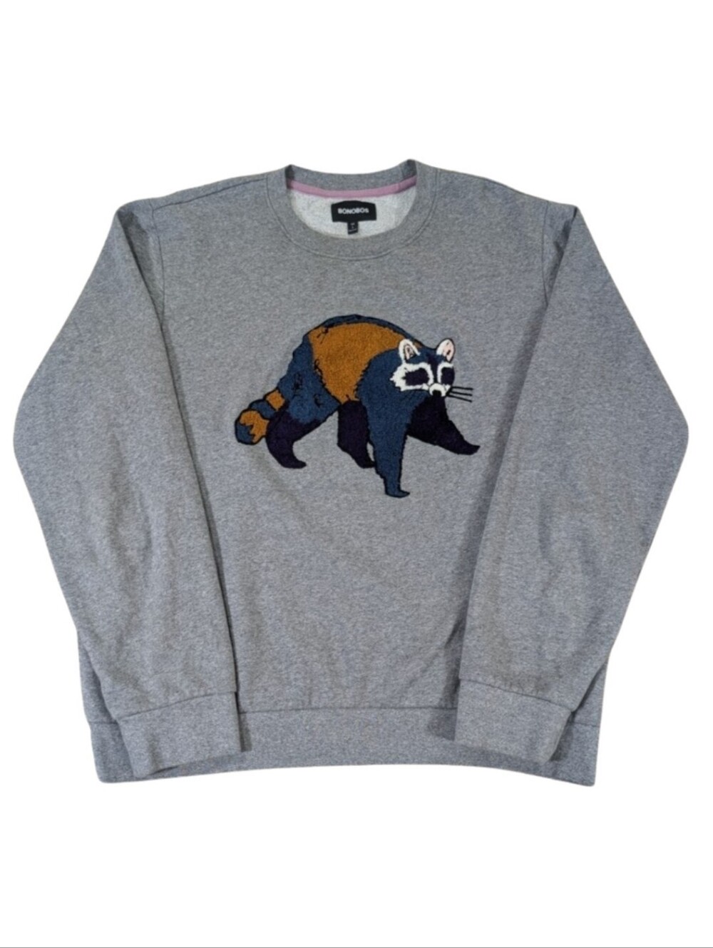 Bonobos Slim Fit Heather Grey Raccoon Chenille Patch Sweatshirt Size Large